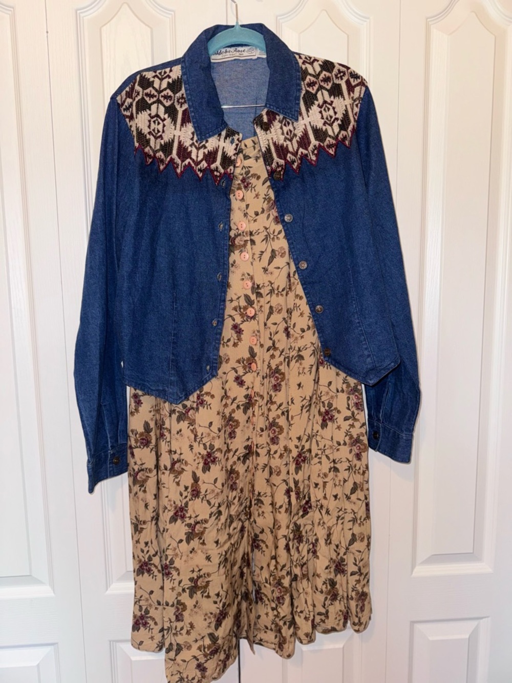 Vintage Denim Jacket with Embroidered Yoke - Blue and Cream
